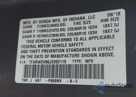 2018 Honda Cr-V Ex-L/Ex-L Navi from USA, damaged, VIN 7FARW2H86JE092119